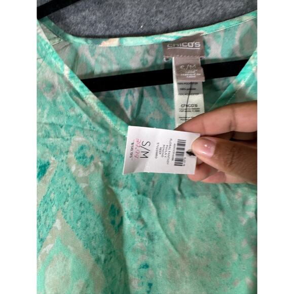Chico's Blouse Women S/M Green V Neck‎ Paula Poncho Mature Semi Sheer Artsy - Picture 4 of 8